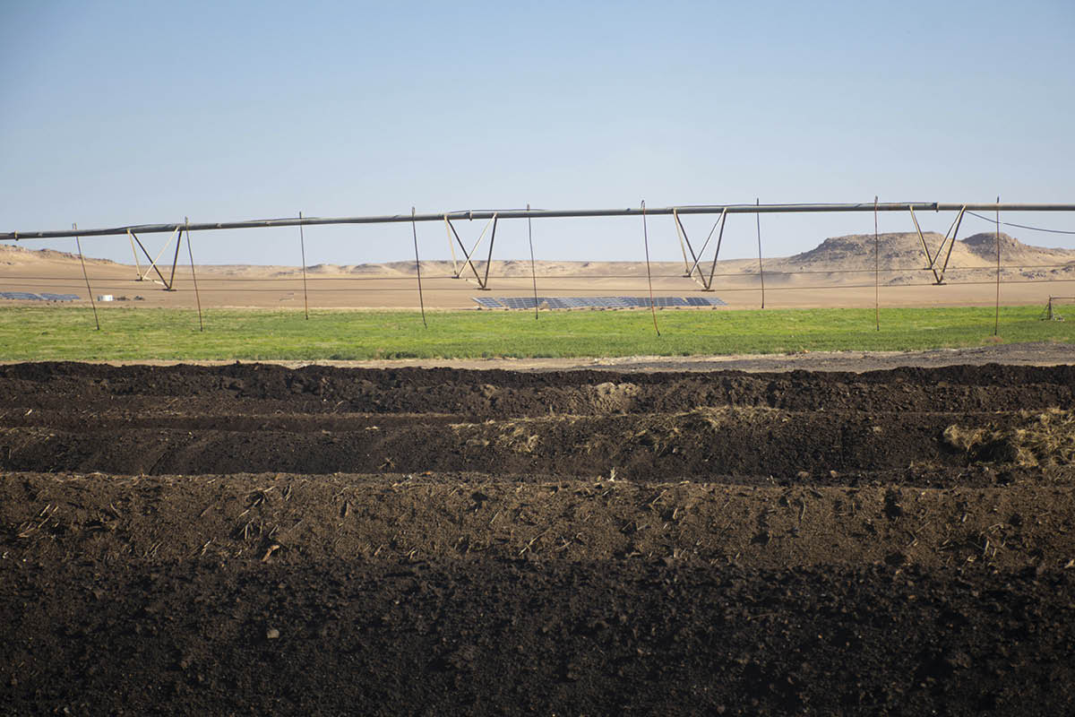 Bewässerungsanlage über grünem Feld in flacher Landschaft mit trockenen Hügeln im Hintergrund.