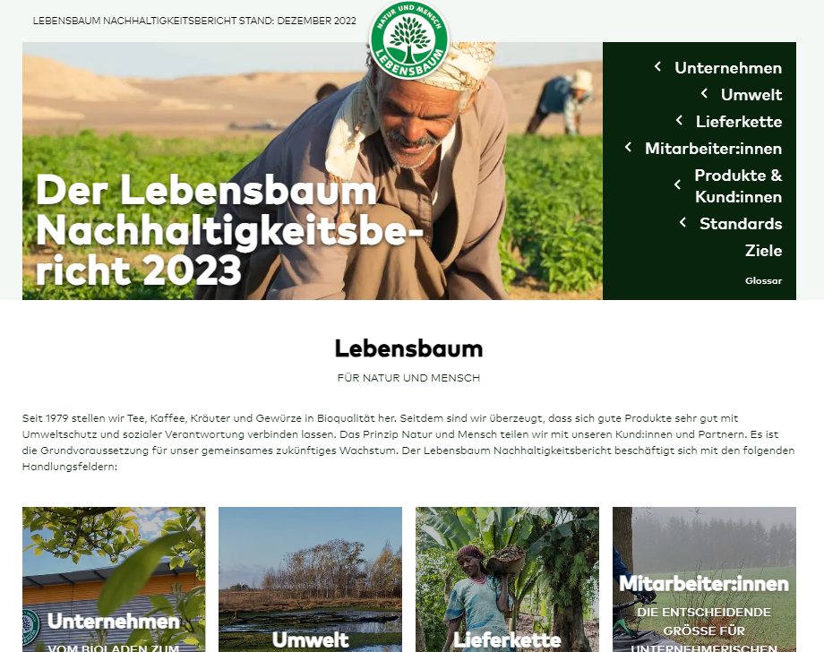 Lebensbaum-Website mit Nachhaltigkeitsbericht 2023: Bauer auf Feld, Navigationsmenü und vier Themenboxen zu Unternehmen, Umwelt, Lieferkette und Mitarbeiter:innen