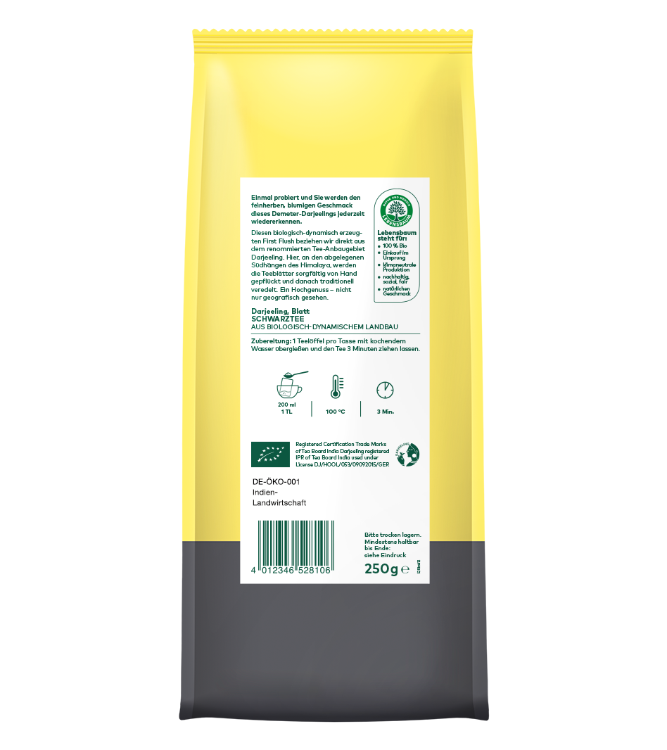 Darjeeling Blatt Schwarztee, 250g Packung in Gelb-Grau, Bio-Zertifikat, aus biologisch-dynamischem Anbau in Indien