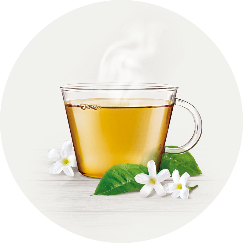 Glastasse mit goldenem Grüntee, dampfend, umgeben von frischen grünen Blättern und weißen Kamillenblüten