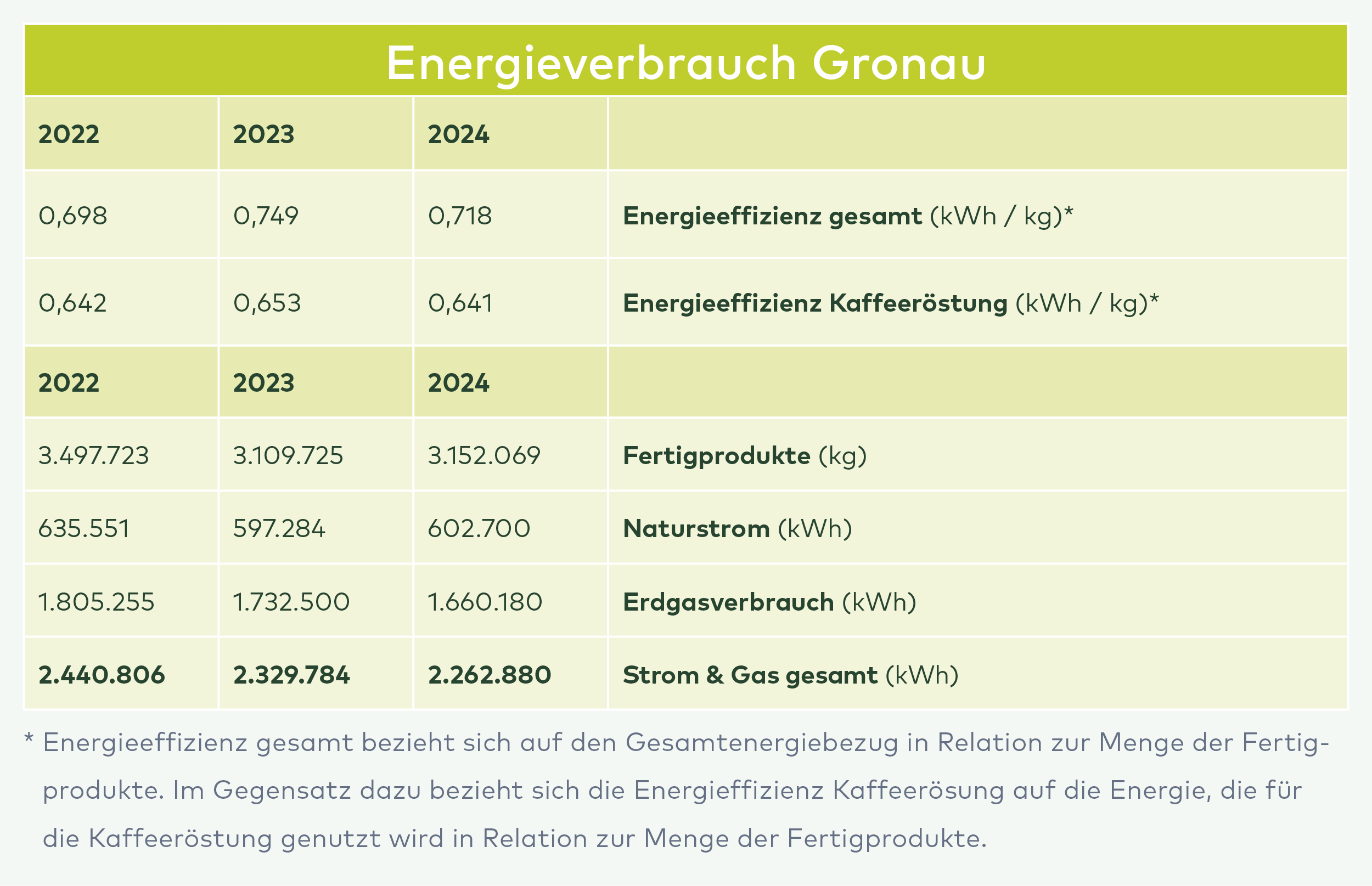 Tabelle Energieverbrauch Gronau 2022-2024 mit Energieeffizienz, Fertigprodukte, Naturstrom, Erdgas und Strom & Gas Gesamtdaten.