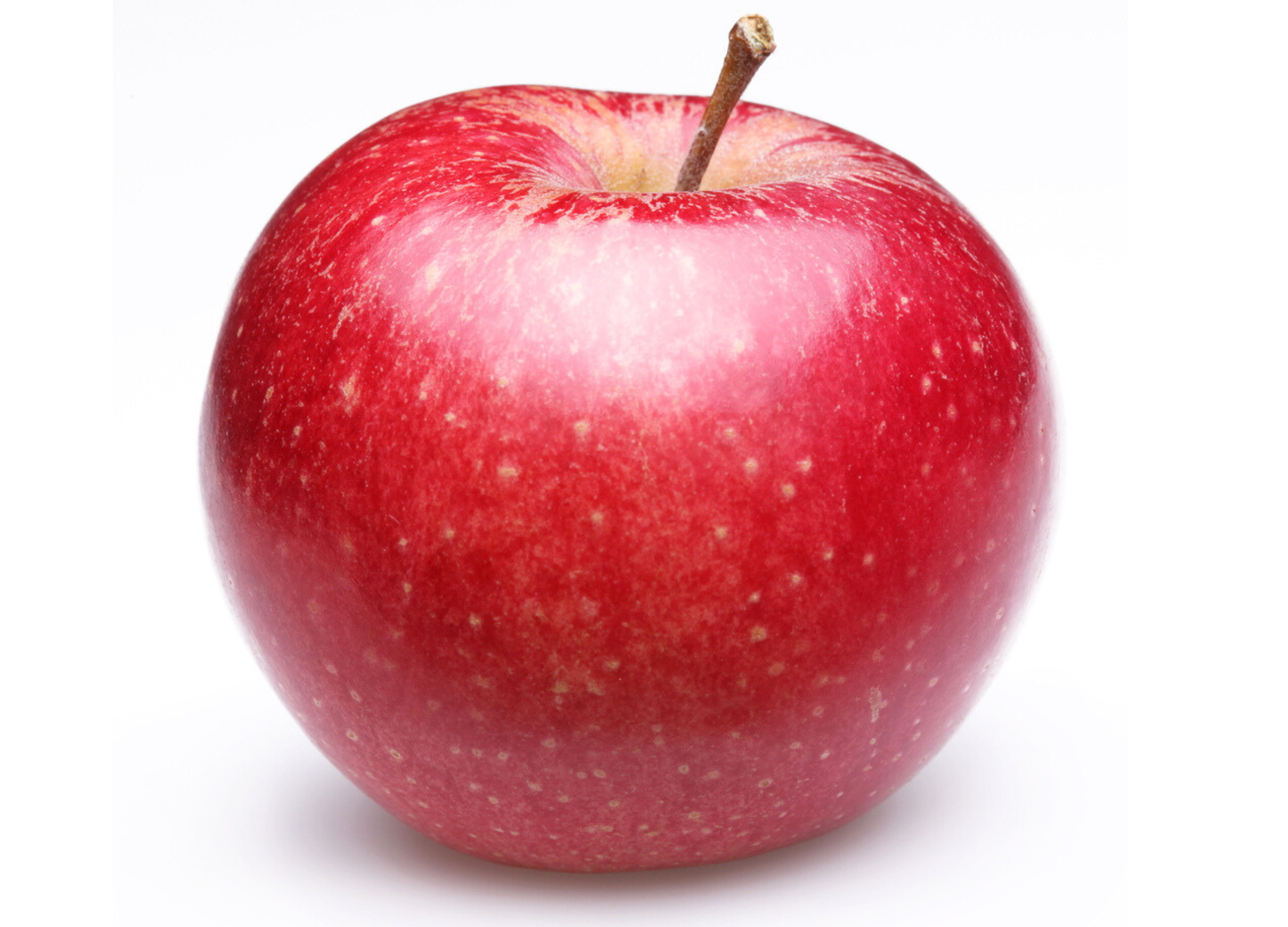 Ein leuchtend roter Apfel steht vor weißem Hintergrund