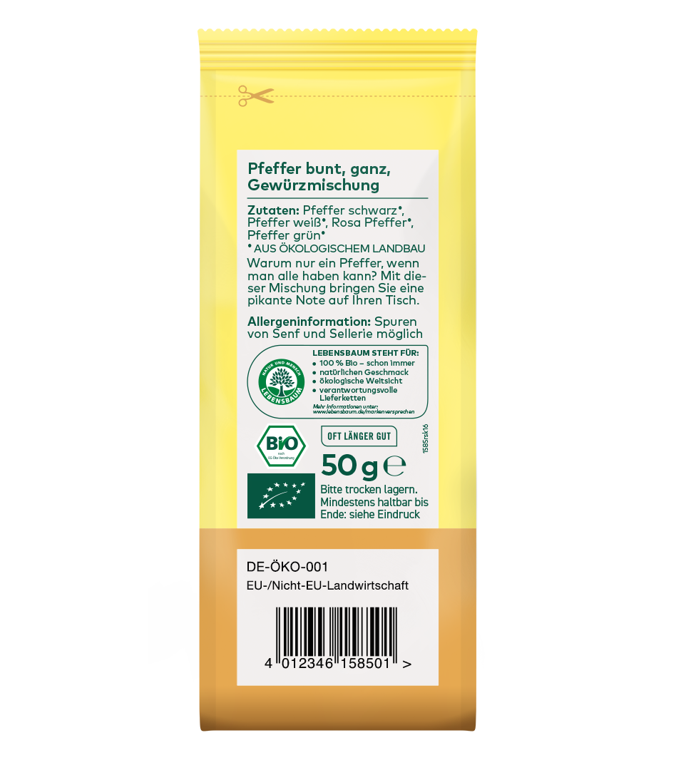 Gelbe Verpackung mit Bio-Pfeffer bunt, ganze Gewürzmischung, 50g, aus ökologischem Anbau, mit Bio- und EU-Öko-Zertifikat.