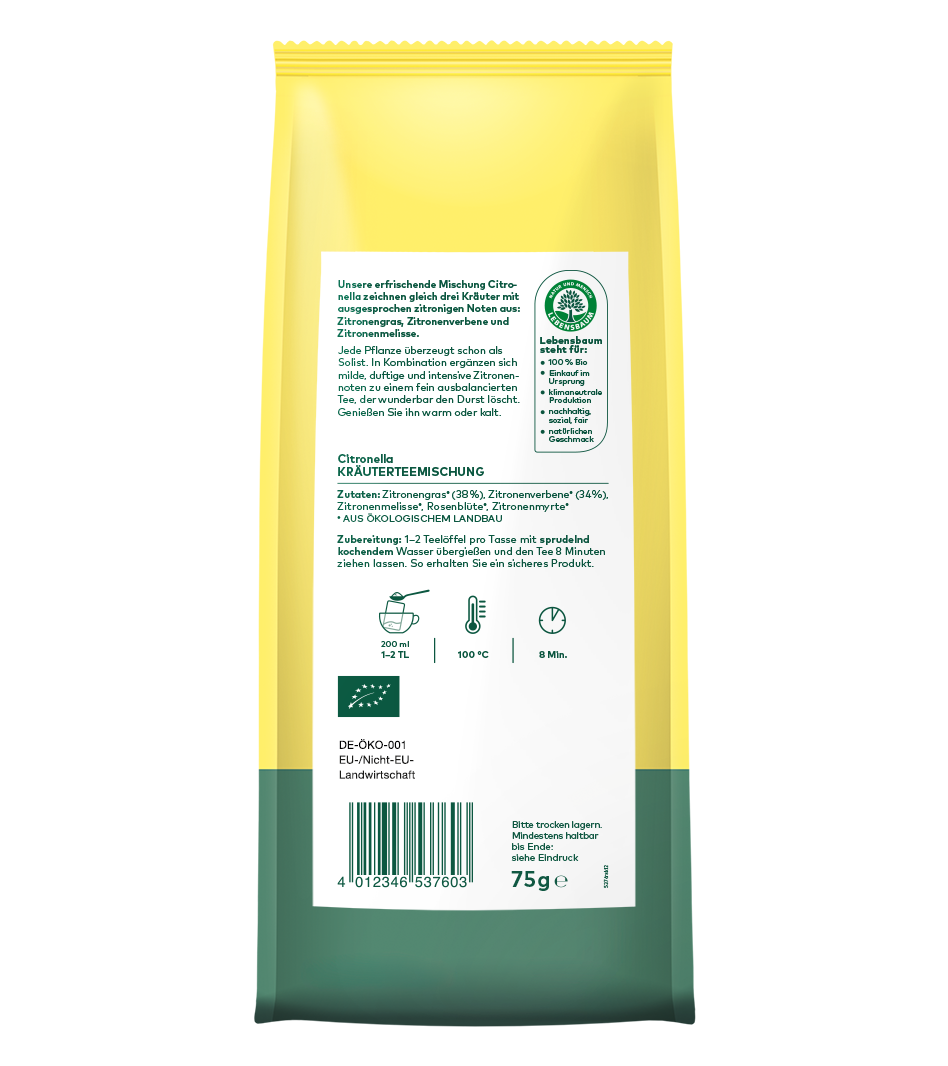 Citronella Kräuterteemischung Bio, 75g Packung in Gelb mit grünem Unterteil, Zitronengras und Kräuter, 100°C, 8 Minuten Ziehzeit