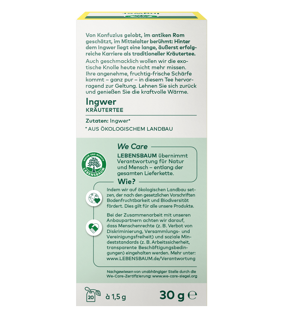 Ingwer Kräutertee, 30g Packung, Bio-Qualität, mit fruchtiger Würze und Lebensbaum We-Care-Zertifikat