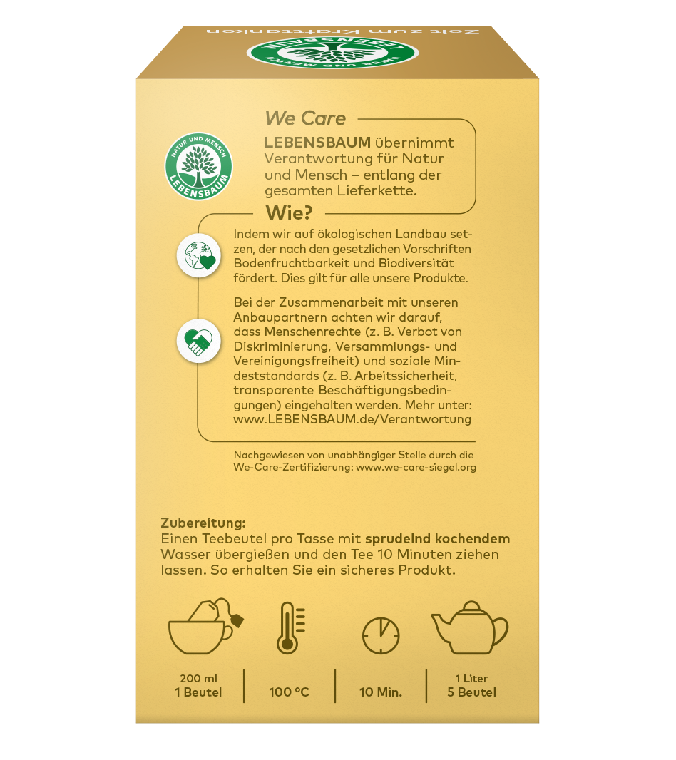 Lebensbaum Tee Verpackung in Creme-Beige mit grünem Logo, We Care Zertifizierung, Zubereitungsanleitung: 200ml, 100°C, 10 Minuten, ökologischer Anbau