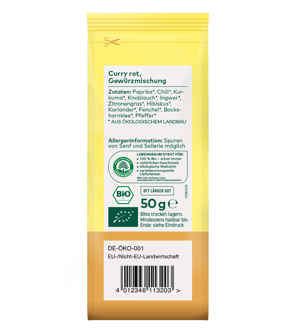 Bio Curry rot Gewürzmischung, 50g Packung gelb-braun mit Paprika, Chili, Kurkuma und weiteren Zutaten aus ökologischem Landbau