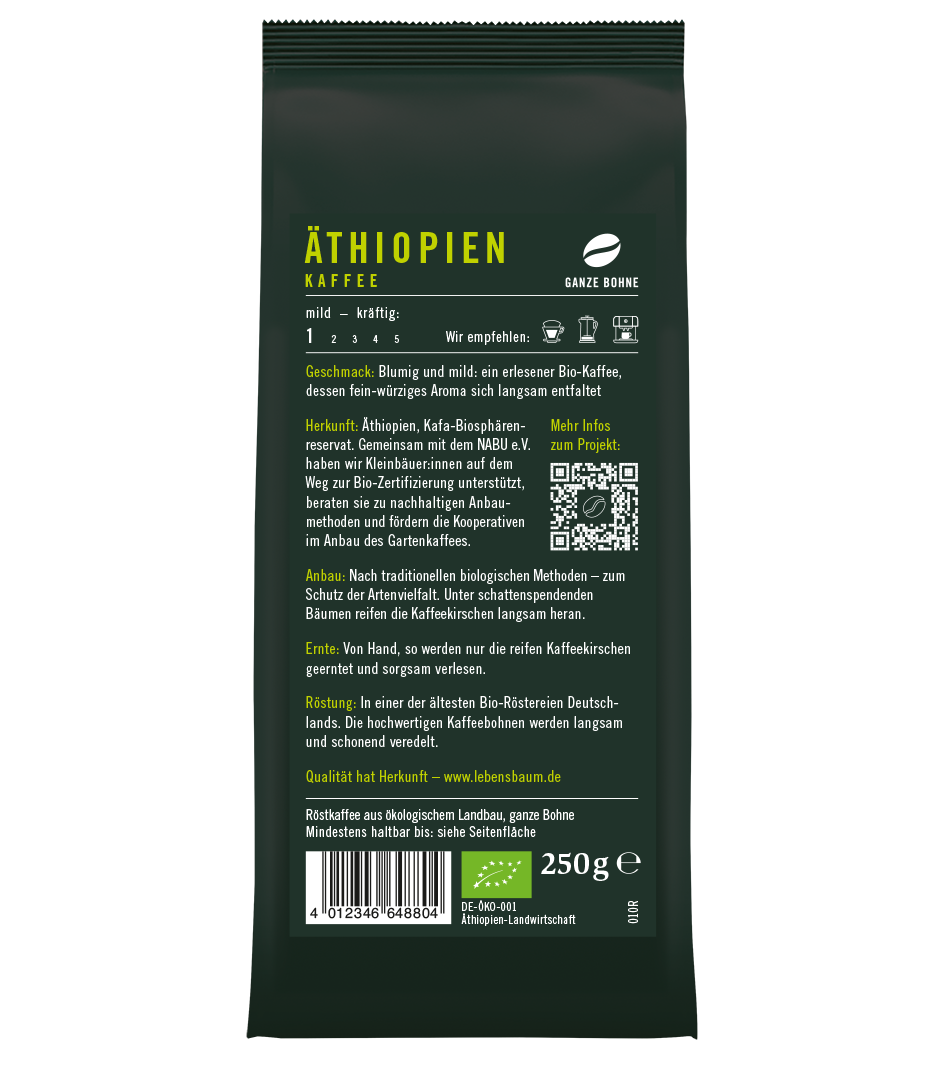 Äthiopien Kaffee ganze Bohne, 250g, dunkelgrüne Verpackung mit Bio-Siegel, mild-kräftig, Ganze Bohne