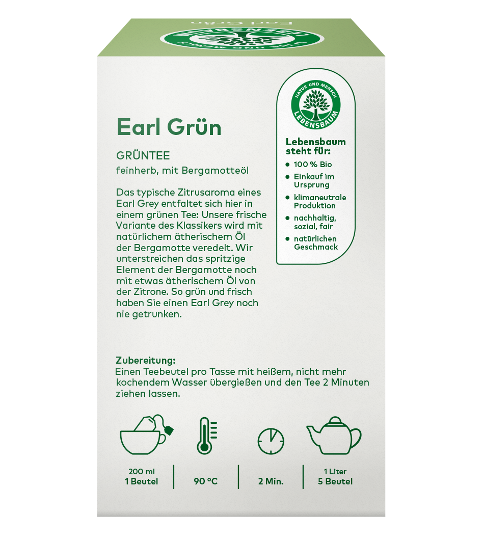 Earl Grün Bio-Grüntee mit Bergamotteöl, Teeverpackung mit Zubereitung und Lebensbaum-Zertifikat