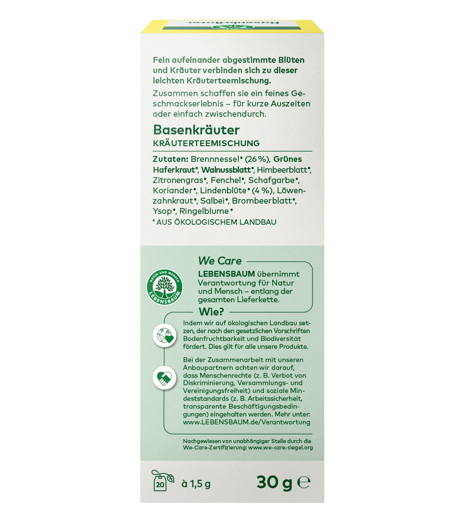 Basenkräuter Kräuterteemischung Bio, 30g Packung mit Brennnessel, Hafergrün und Himbeerblatt, Zubereitung 100°C, 8 Minuten.