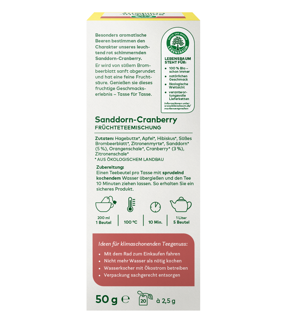 Bio-Früchtetee Sanddorn-Cranberry, 50g Packung mit 20 Beuteln, Zutaten und Zubereitungsanleitung auf Verpackung sichtbar.