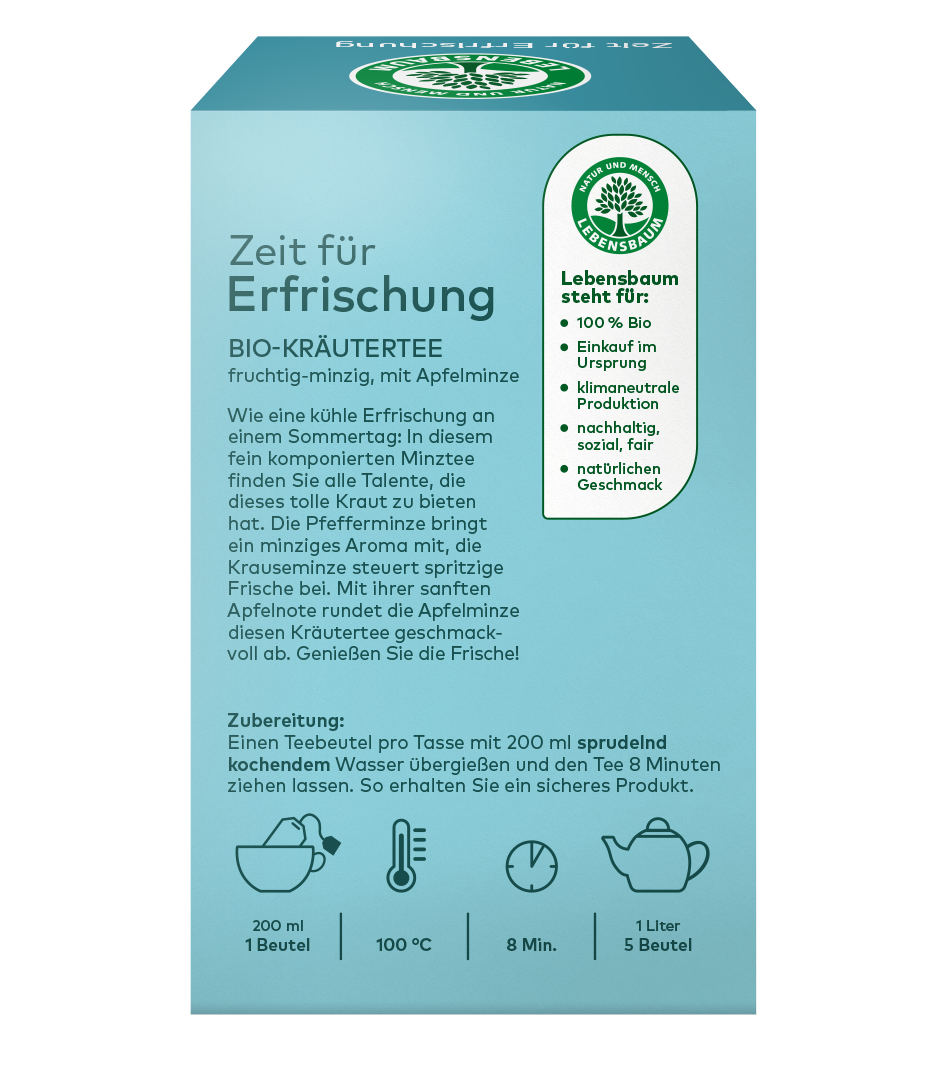 Lebensbaum Bio-Kräutertee "Zeit für Erfrischung" in hellblauer Verpackung mit Apfelminze und Pfefferminze, 100% Bio, klimaneutrale Produktion.