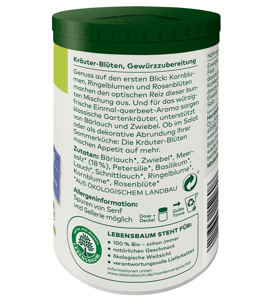 Kräuter-Blüten Gewürzzubereitung in grüner Dose mit weißem Etikett, Bio-Zertifikat, Zutaten: Bärlauch, Zwiebel, Petersilie, Basilikum, Rosenblüte
