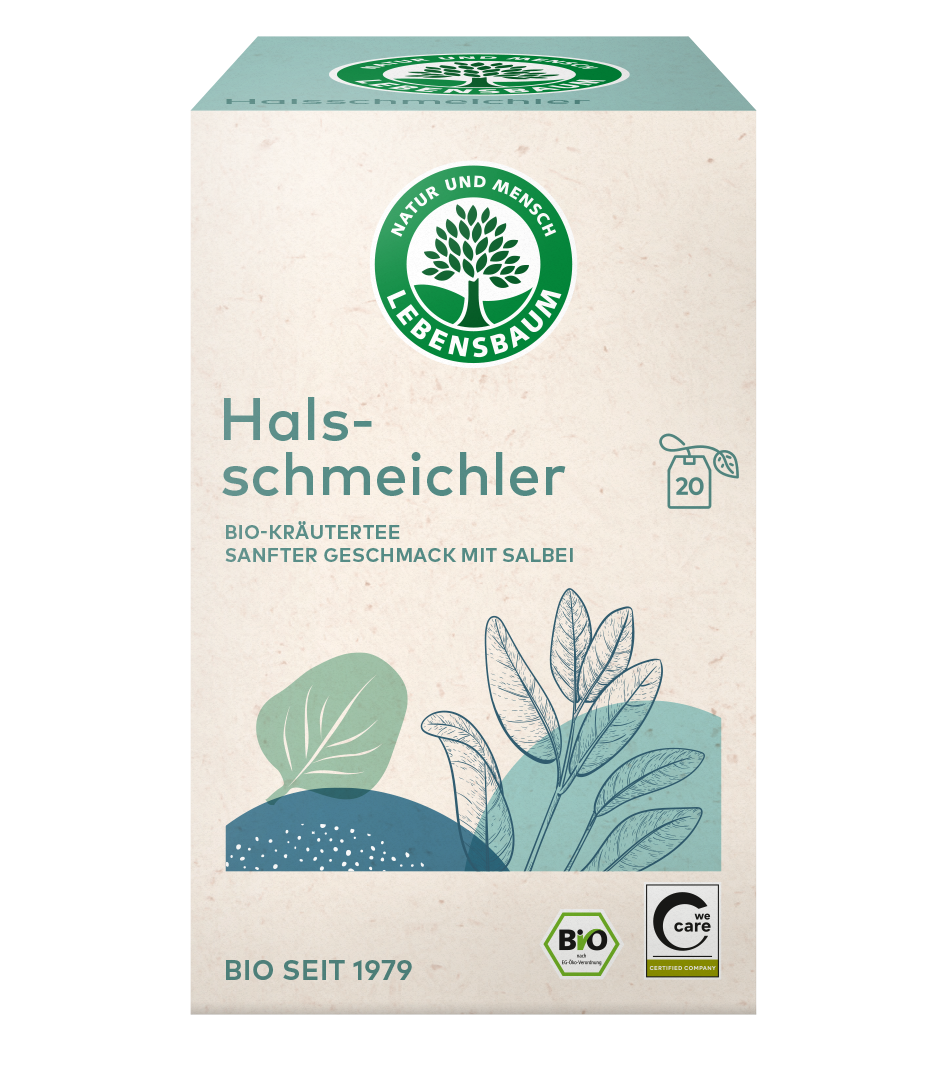 Lebensbaum Halsschmeichler Bio-Kräutertee mit Salbei, 20 Teebeutel, cremefarbene Packung mit grünem Logo und Kräuterillustration.