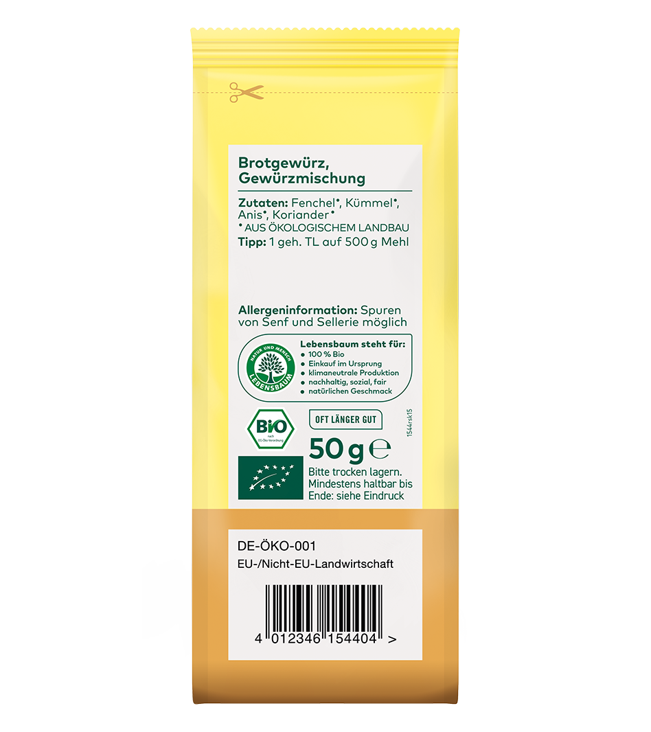 Bio Brotgewürz Gewürzmischung mit Fennel, Kümmel und Anis in gelber 50g Packung mit Bio-Zertifikat