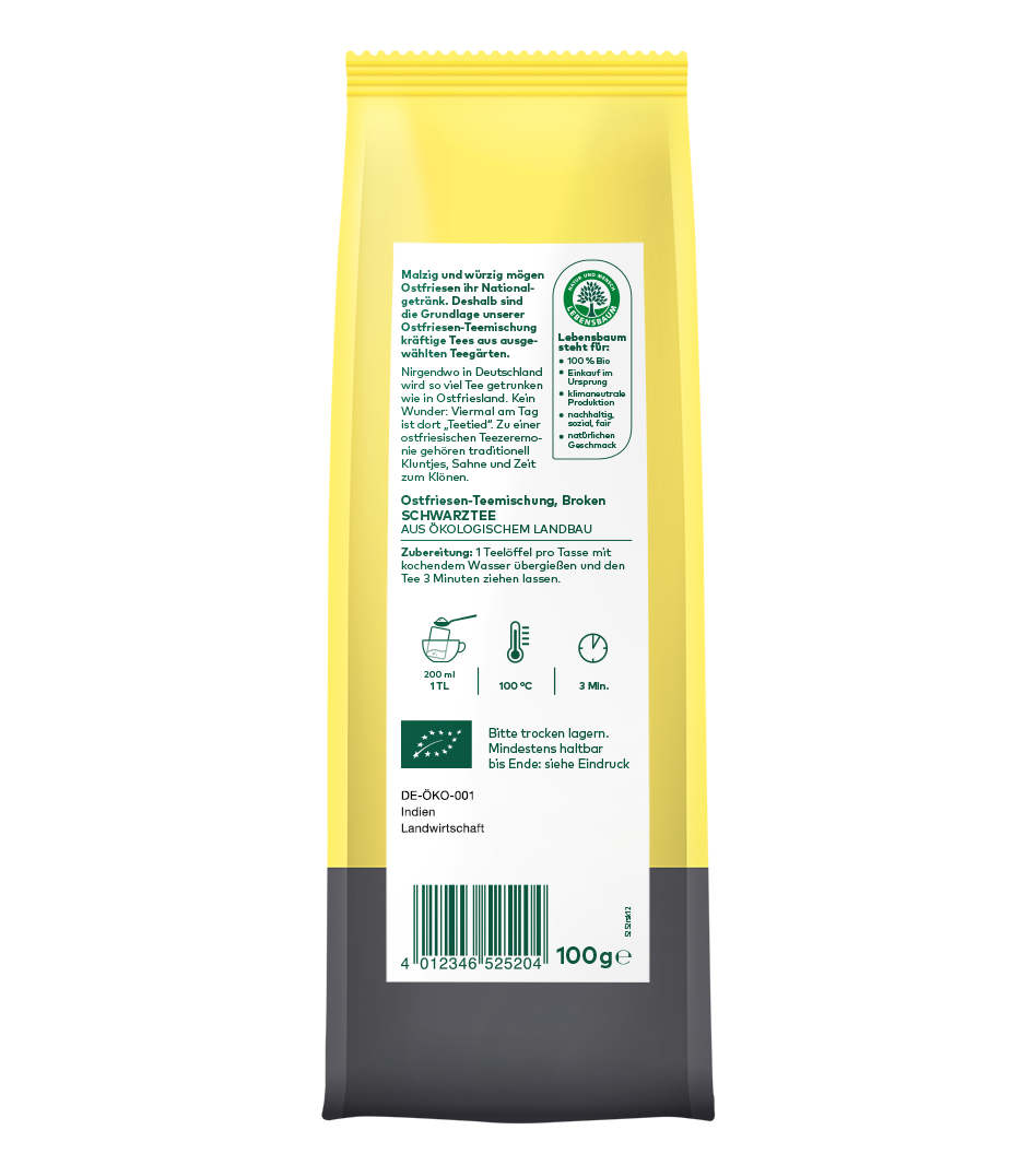 Ostfriesen-Teemischung Broken 100g in gelber Bio-Verpackung aus ökologischem Anbau, Zubereitung mit 100°C heißem Wasser, 3 Minuten Ziehzeit.