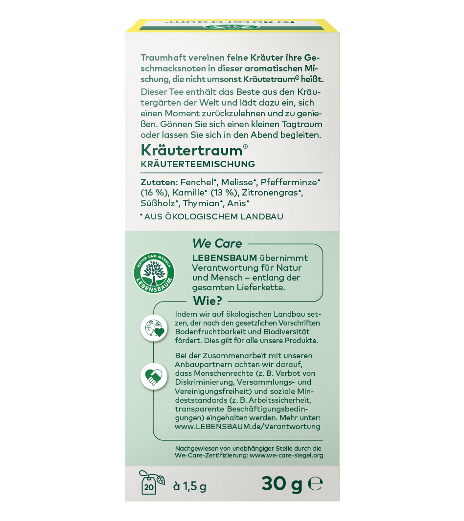 Kräutertraum Kräuterteemischung 30g Bio-Tee mit Fenchel, Melisse und Pfefferminze in weißer Schachtel mit gelbem Rand.