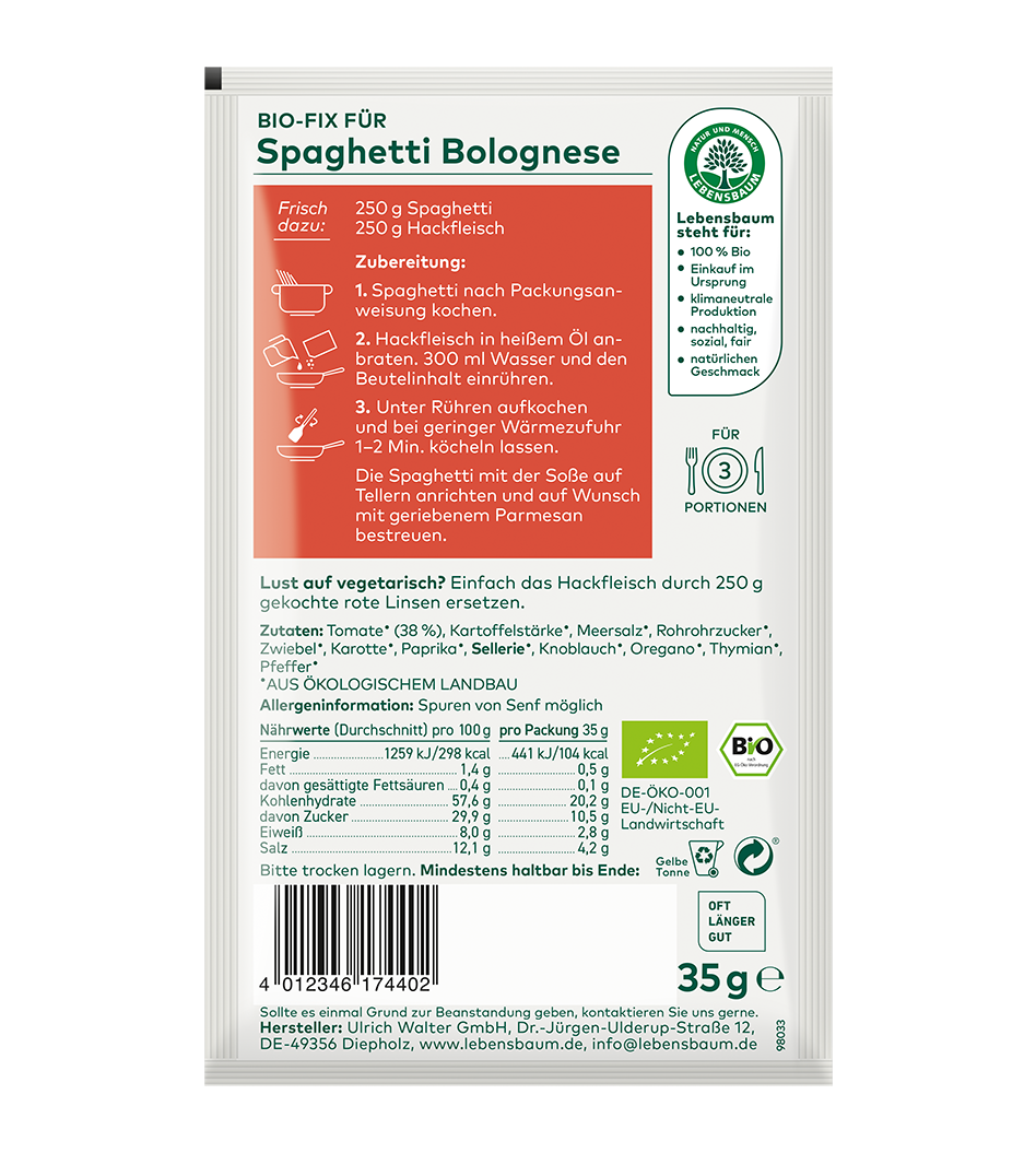 Bio-Gewürzmischung Spaghetti Bolognese 35g Packung mit Zubereitungsanleitung, Nährwertangaben und Bio-Zertifikat für 3 Portionen