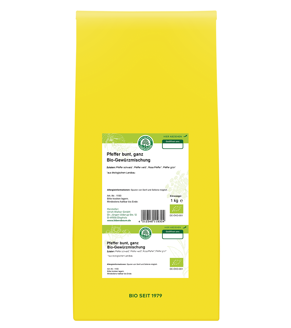 Pfeffer bunt Bio-Gewürzmischung 1 kg Packung gelb mit grünem Etikett, Öko-Zertifikat, Lebensbaum-Logo