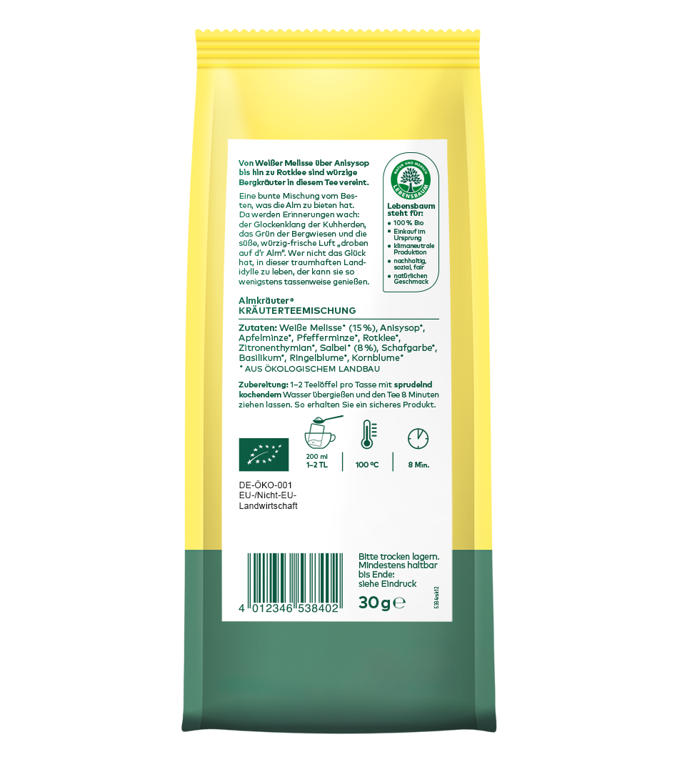 Lebensbaumkräuterteemischung "Almkräuter" 30g Bio-Packung in gelb-grüner Verpackung mit Zutatenliste und Zubereitung