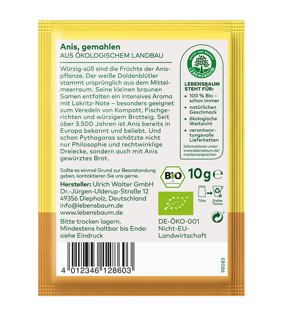 Bio-Anis gemahlen, 10g Sachtel von Lebensbaum, gelbe Verpackung mit Bio-Zertifikat und Produktinformation.