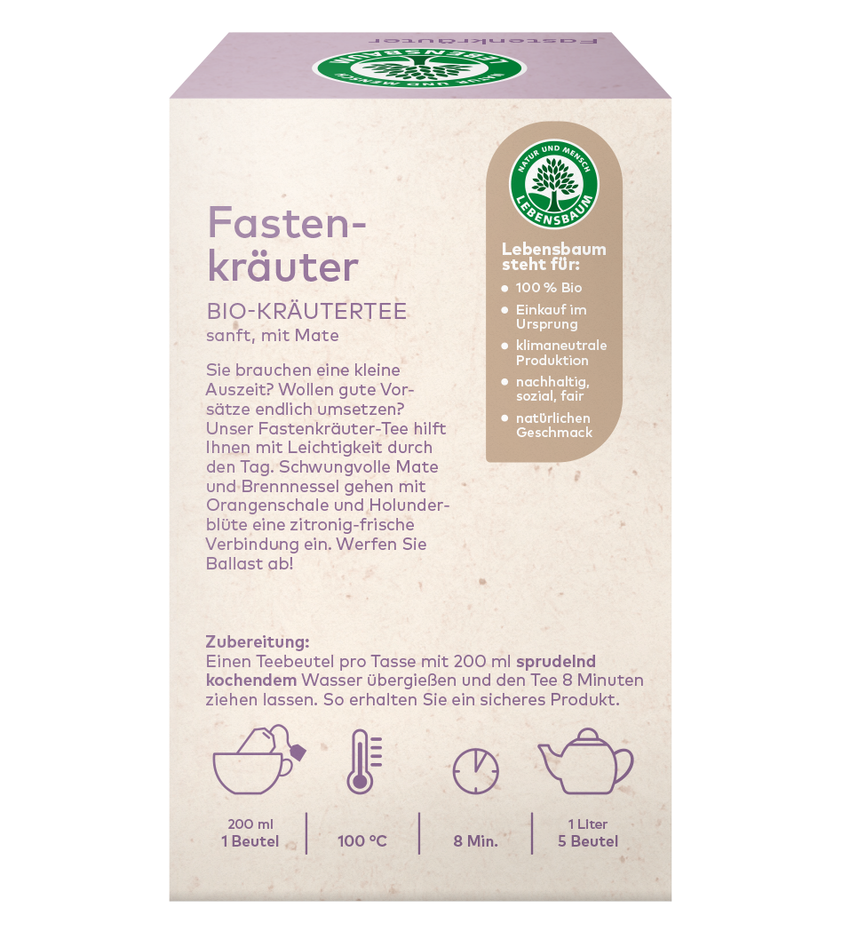 Fastenkräuter Bio-Kräutertee von Lebensbaum in cremefarbener Schachtel mit lila Text, Mate und Brennnessel, 5 Beutel