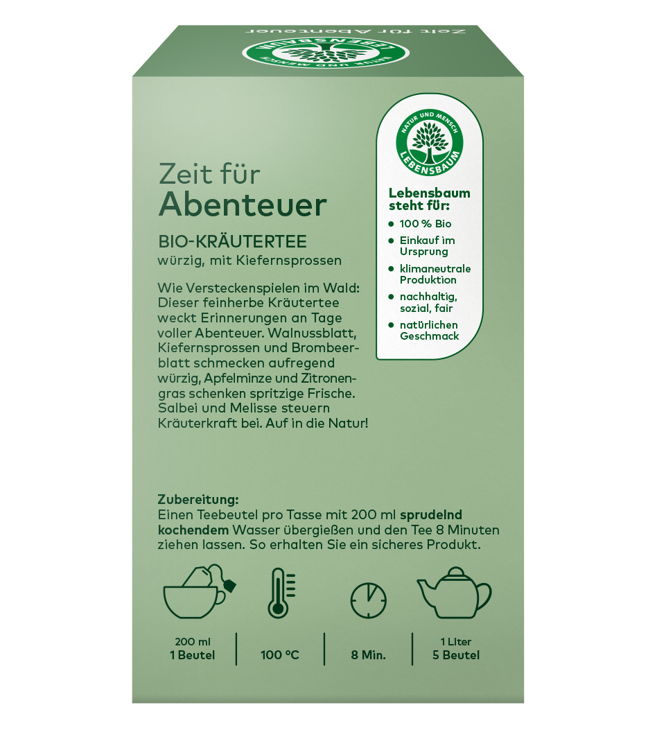 Zeit für Abenteuer Bio-Kräutertee von Lebensbaum: würzig mit Kiefersprossen, 100% Bio, fair gehandelt. Zubereitung 8 Min. bei 100°C.