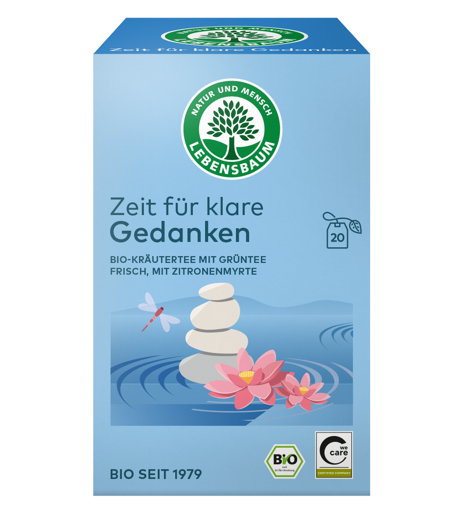 Lebensbaum Tee-Box "Zeit für klare Gedanken" mit Bio-Kräutertee, Grüntee und Zitronenmyrte, 20 Teebeutel, helles Blau, Zen-Illustration mit Steinen und Lotusblüten
