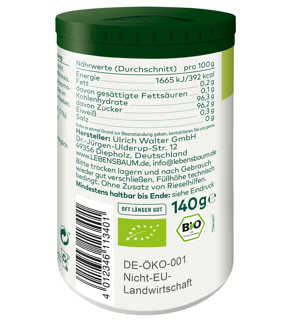 Bio-Zimt Topping in weißer Dose mit grünem Deckel, 140g, Nährwertangaben sichtbar, DE-ÖKO-001 Zertifikat