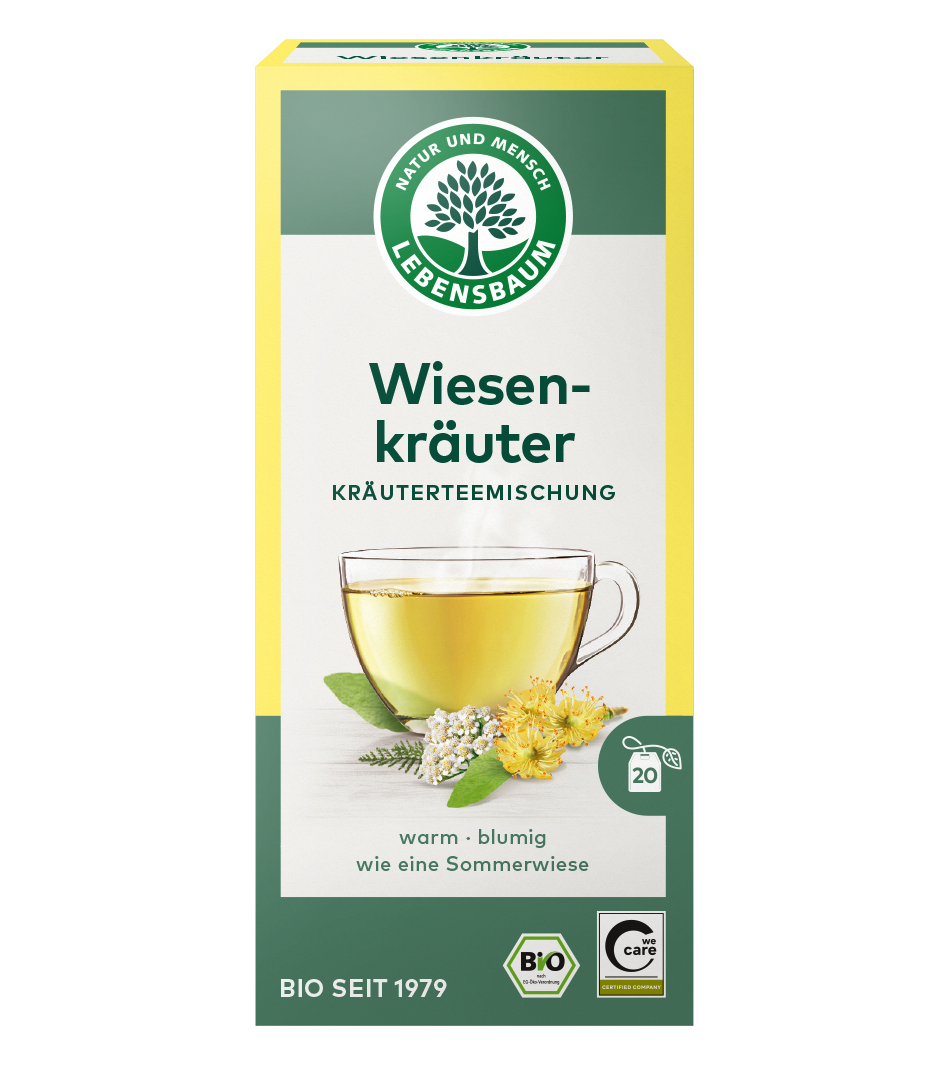 Lebensbaum Wiesenkräuter Kräuterteemischung, 20 Teebeutel, Bio-Qualität, gelb-grüne Verpackung mit Tasse goldenem Tee