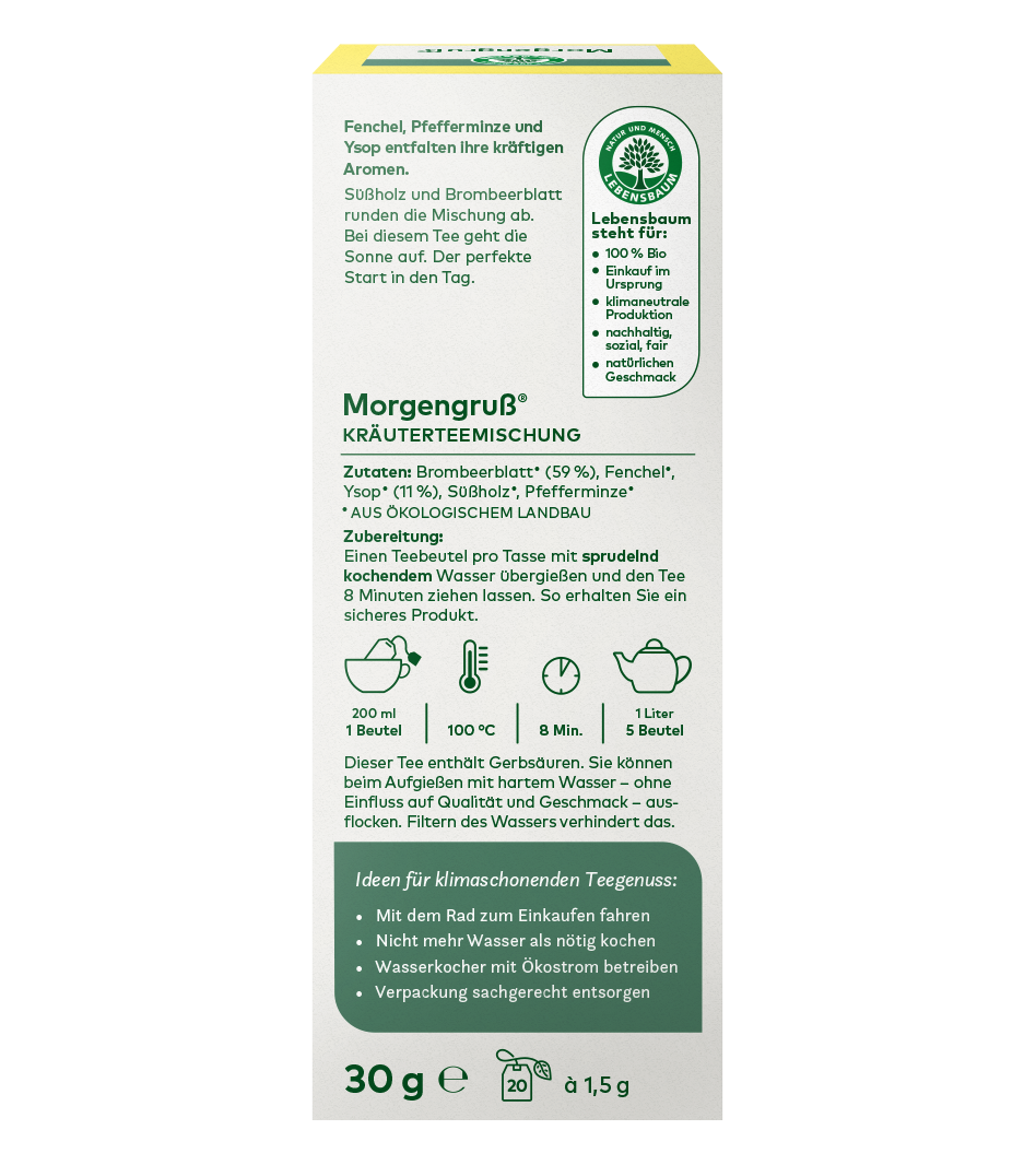 Morgengruß Bio-Kräuterteemischung, 30g Packung mit Fenchel, Pfefferminze und Ysop, 20 Teebeutel à 1,5g