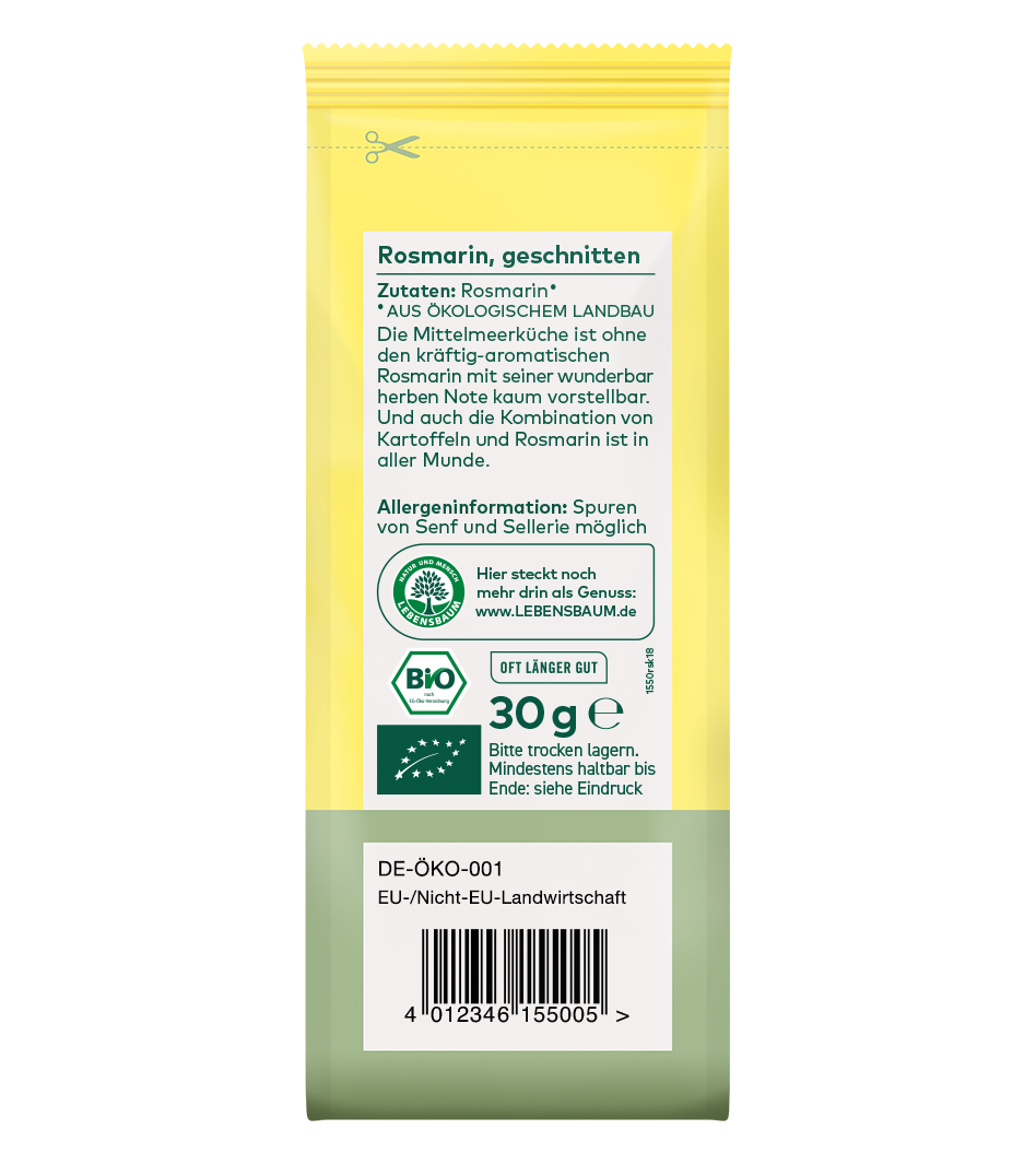 Bio-Rosmarin geschnitten, 30g gelbe Verpackung mit grünem Etikett, Bio-Zertifikat und Barcode