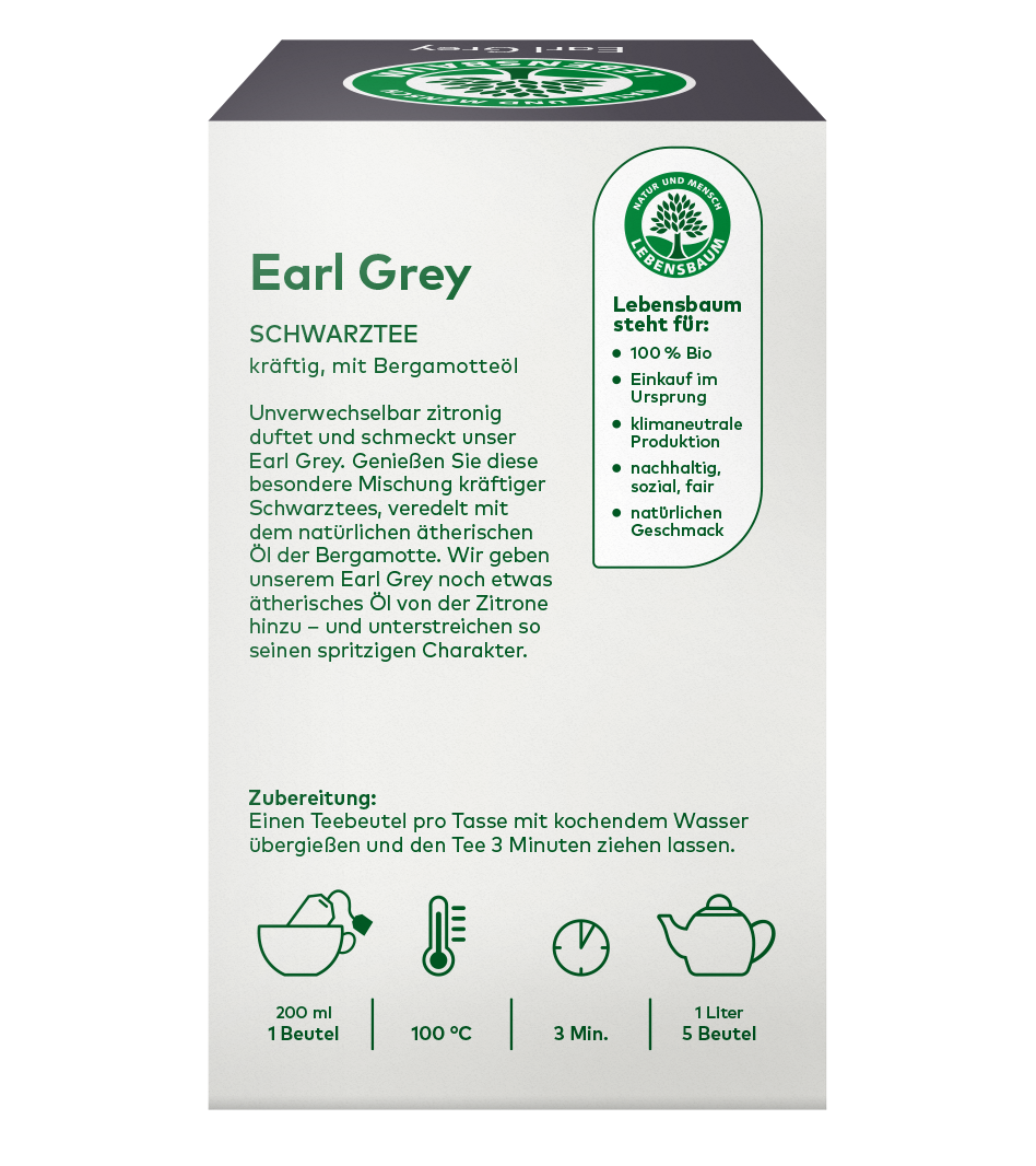 Earl Grey Bio-Schwarztee mit Bergamotteöl in cremefarbener Verpackung mit grünem Lebensbaum-Logo und Zubereitung.