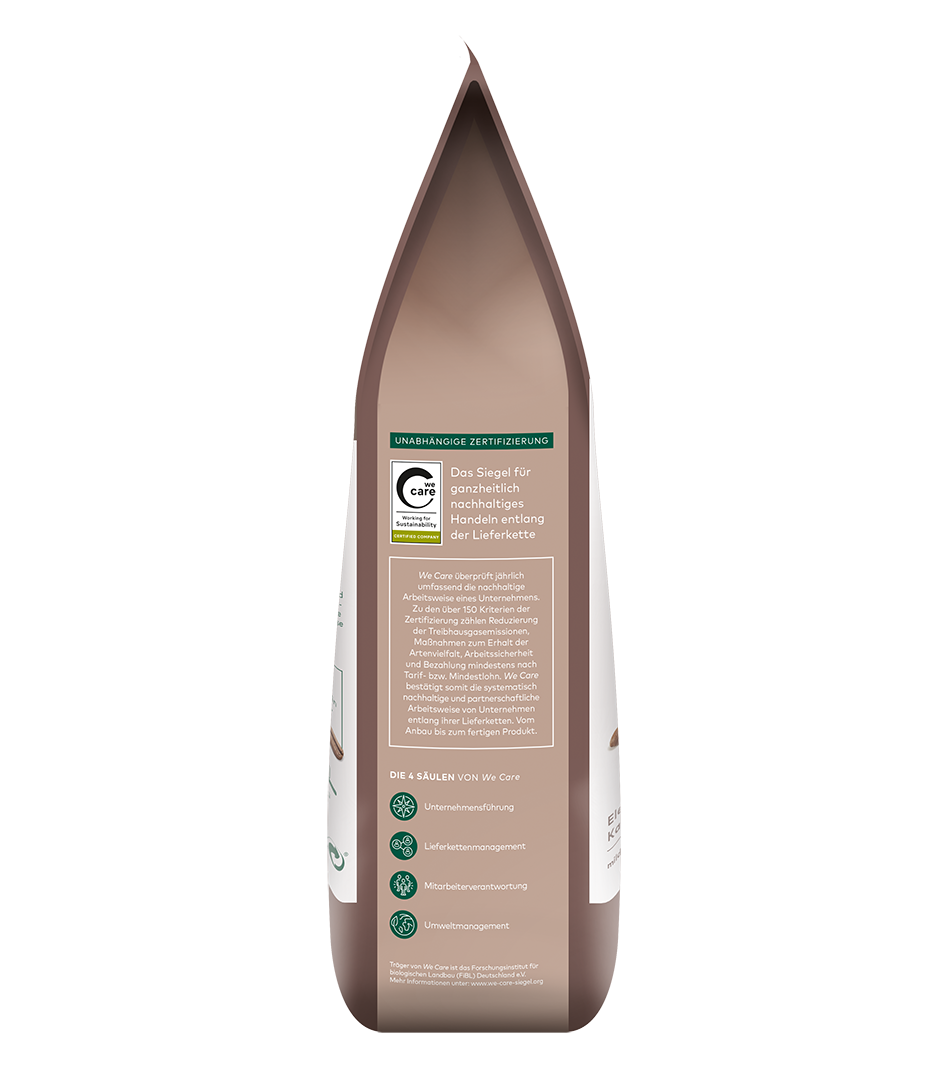 Caffè Crema Solea 1000g in braun-weißer Verpackung mit We-Care-Zertifizierung und Nachhaltigkeitssiegel