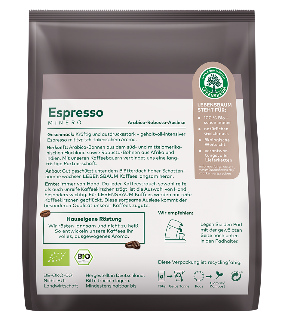 Espresso Minero Bio-Kaffee Pads in grauer Verpackung mit Produktbeschreibung und Lebensbaum-Zertifikat