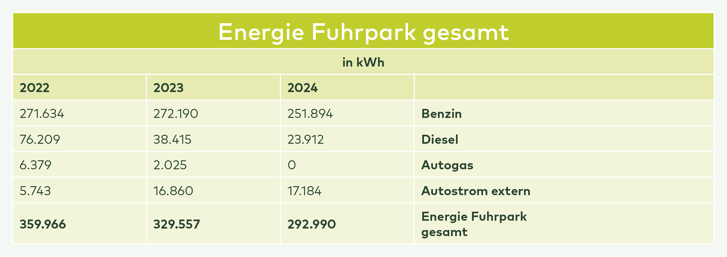 Tabelle zur Entwicklung des Energieverbrauchs des Fuhrparks von 2022 bis 2024
