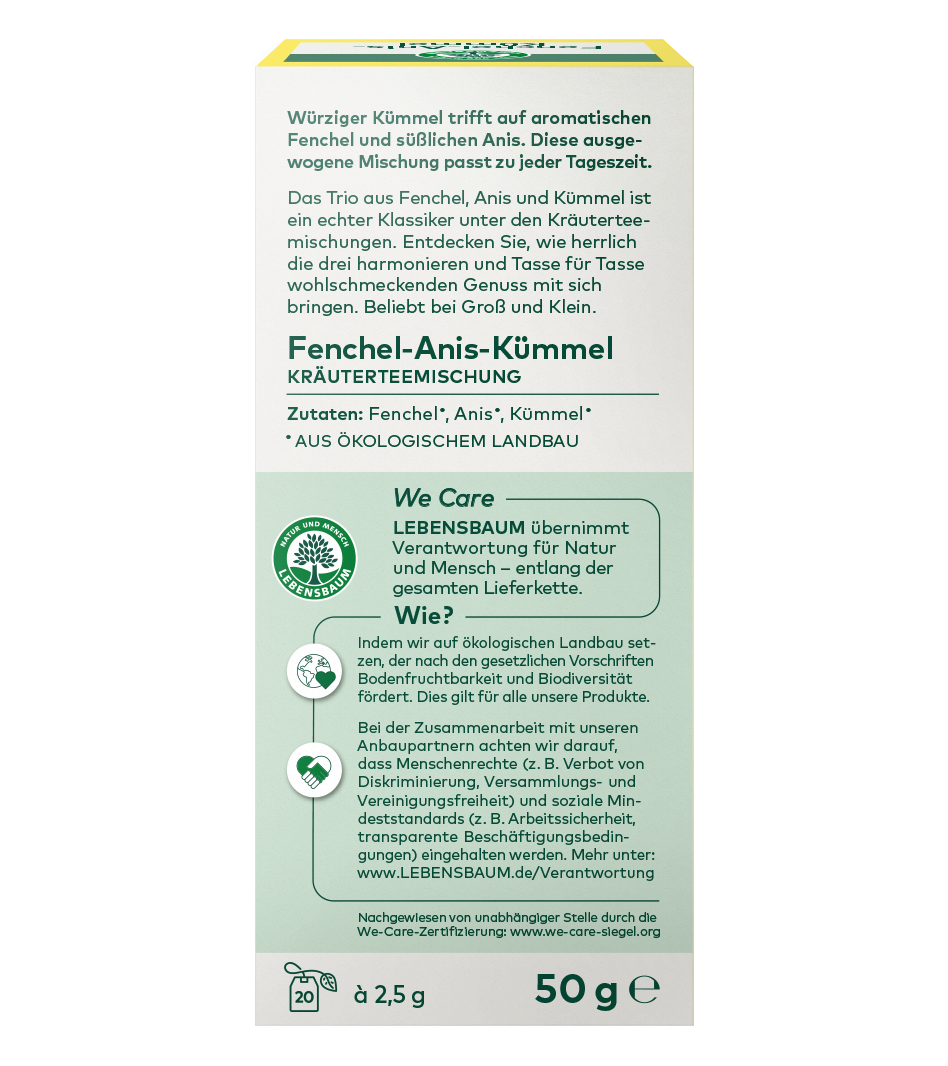 Fenchel-Anis-Kümmel Kräuterteemischung, 50g, Bio-Qualität von Lebensbaum mit Zutaten aus ökologischem Landbau.