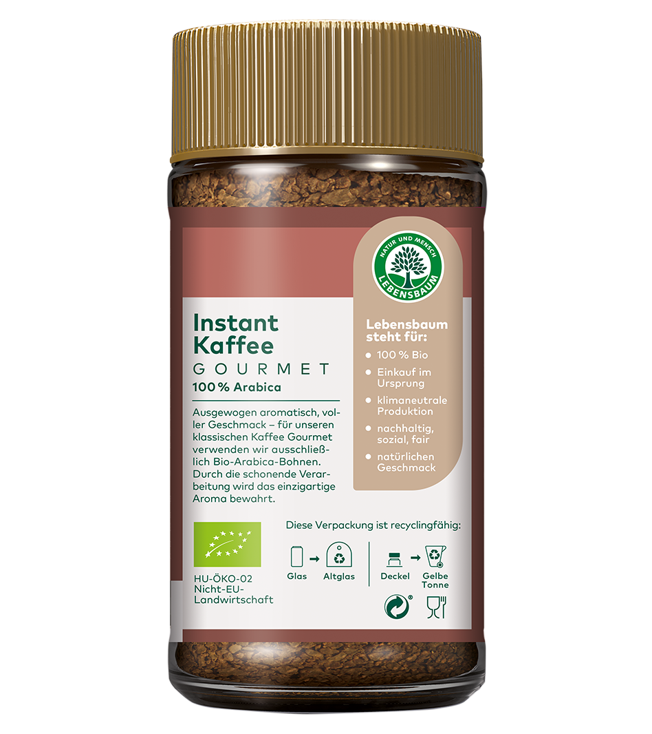 Lebensbaum Instant Kaffee Gourmet 100% Arabica Bio, Glas mit goldenem Schraubverschluss, braune Kaffeegranulate sichtbar