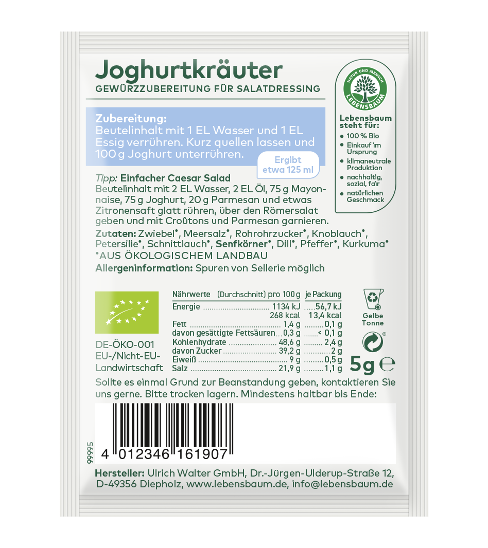 Joghurtkräuter Gewürzzubereitung für Salatdressing, 5g Beutel von Lebensbaum, Bio-zertifiziert, mit Zutatenliste und Nährwertangaben.
