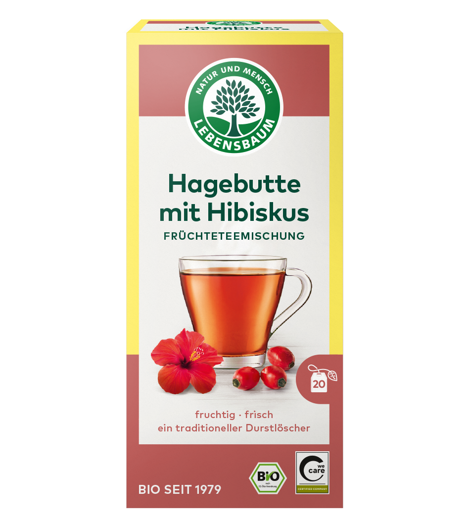 Lebensbaum Hagebutte mit Hibiskus Früchtetee, 20 Teebeutel, Bio-Qualität, rote Tasse mit duftender Teelösung und frischen Hibiskusblüten