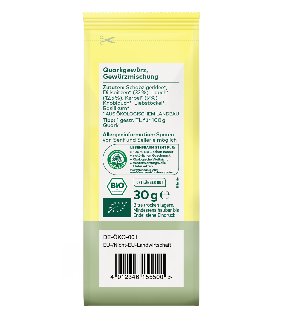 Bio Quarkgewürz Gewürzmischung, 30g, gelbe Papierbeutel mit Scherensymbel, Zutatenliste und Bio-Zertifikat, aus ökologischem Landbau