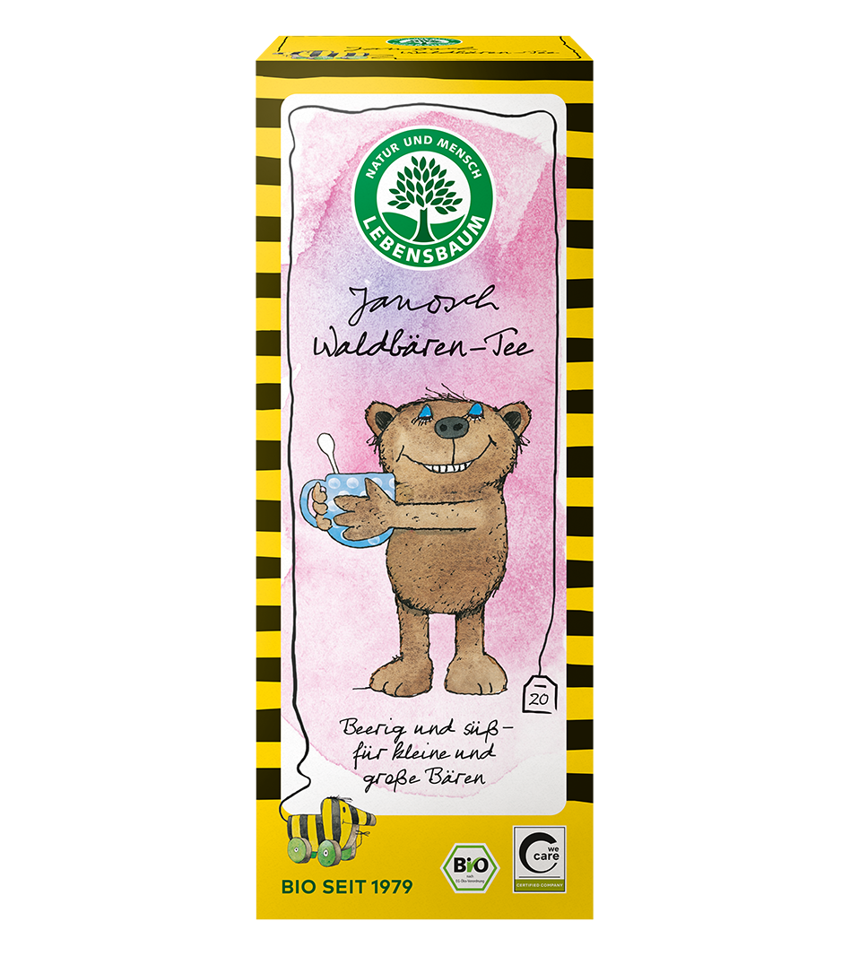 Lebensbaumtee Janosch Waldbären-Tee in gelb-schwarzer Kartonverpackung mit rosa Etikett, illustriertem Bär und 20 Teebeuteln, Bio-zertifiziert seit 1979.