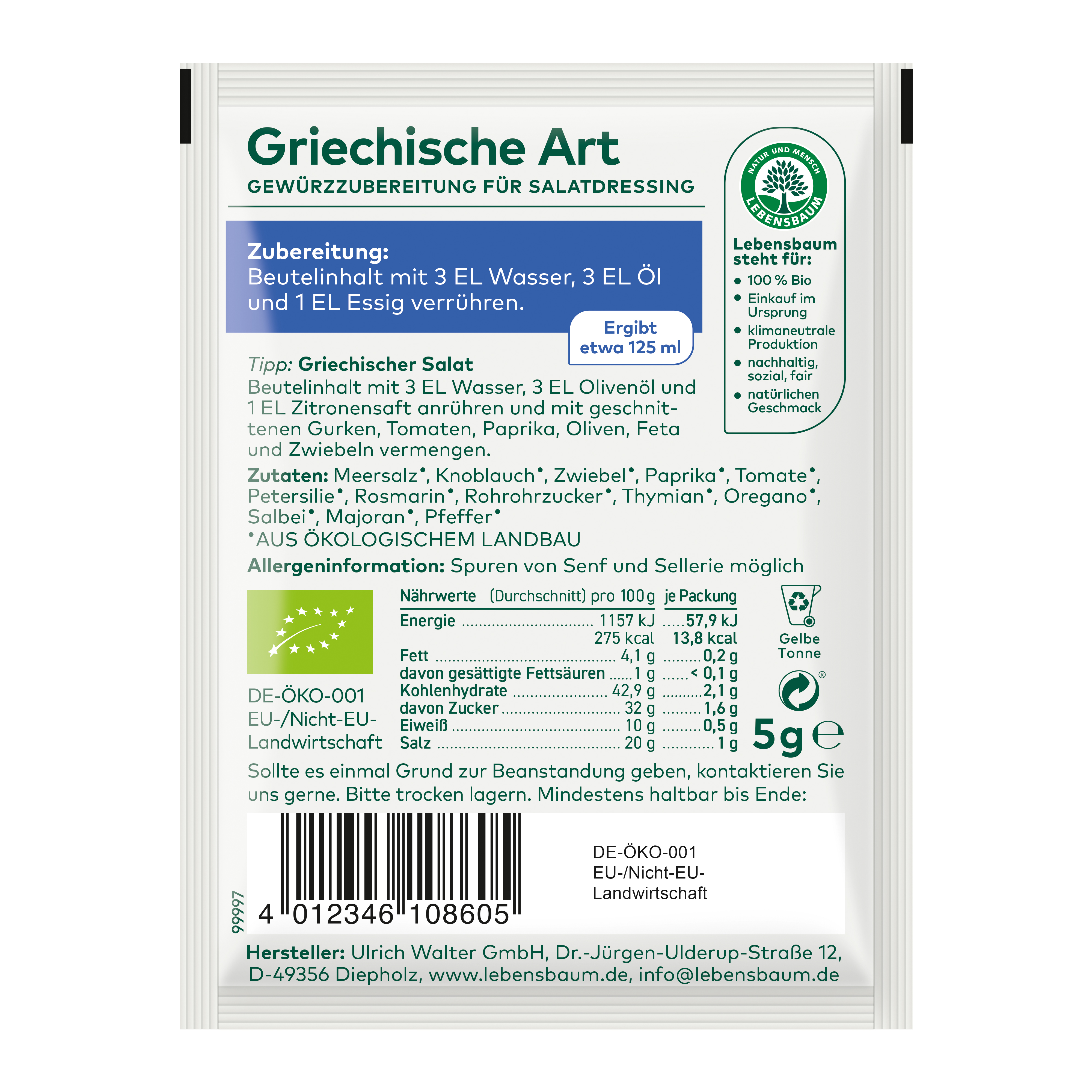 Griechische Art Gewürzzubereitung für Salatdressing Rückseite