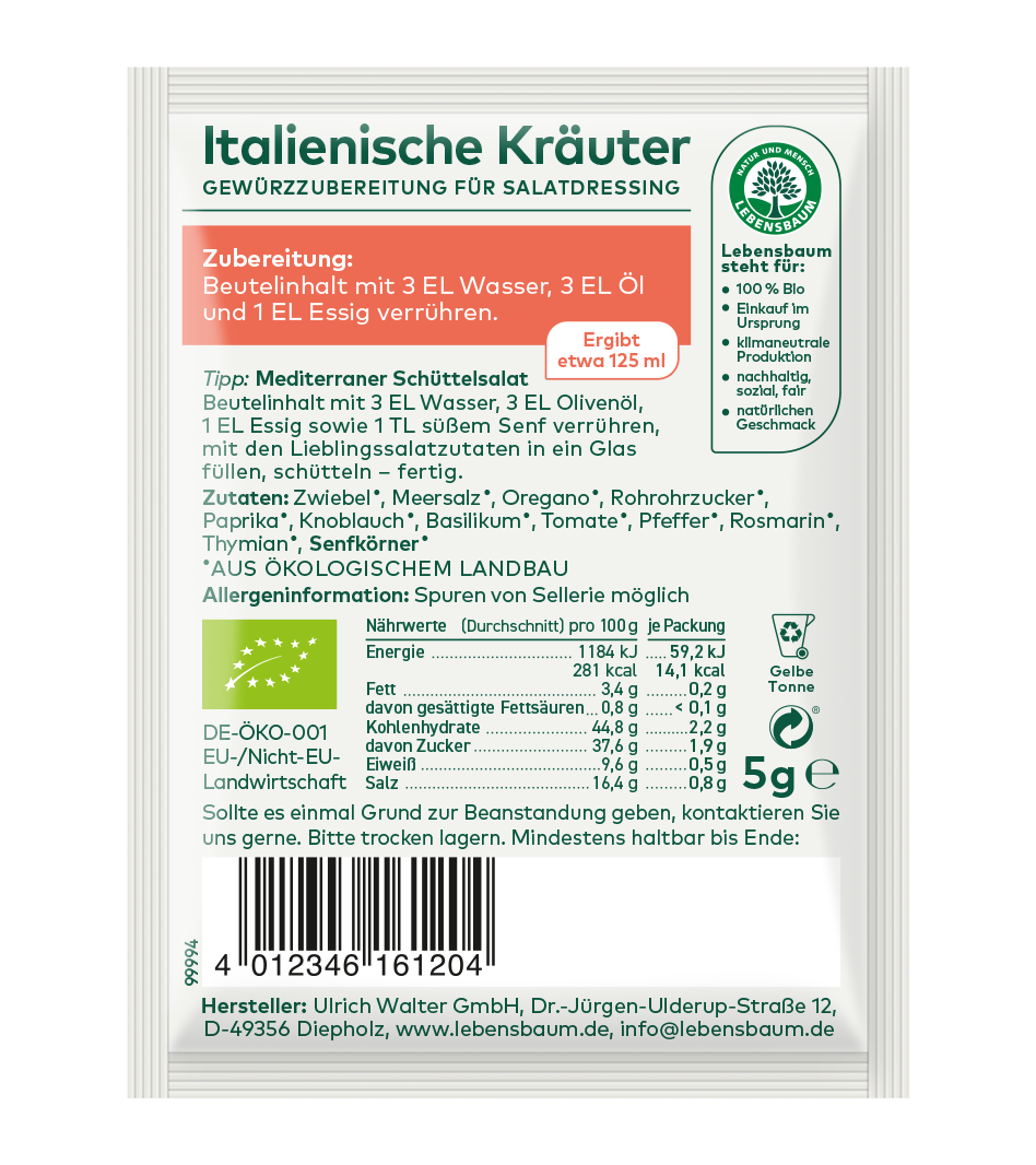 Italienische Kräuter Bio-Gewürzzubereitung für Salatdressing, 5g Lebensbaum, weiße Sachettpackung mit grünem Text und Zutaten wie Zwiebel, Oregano und Basilikum.