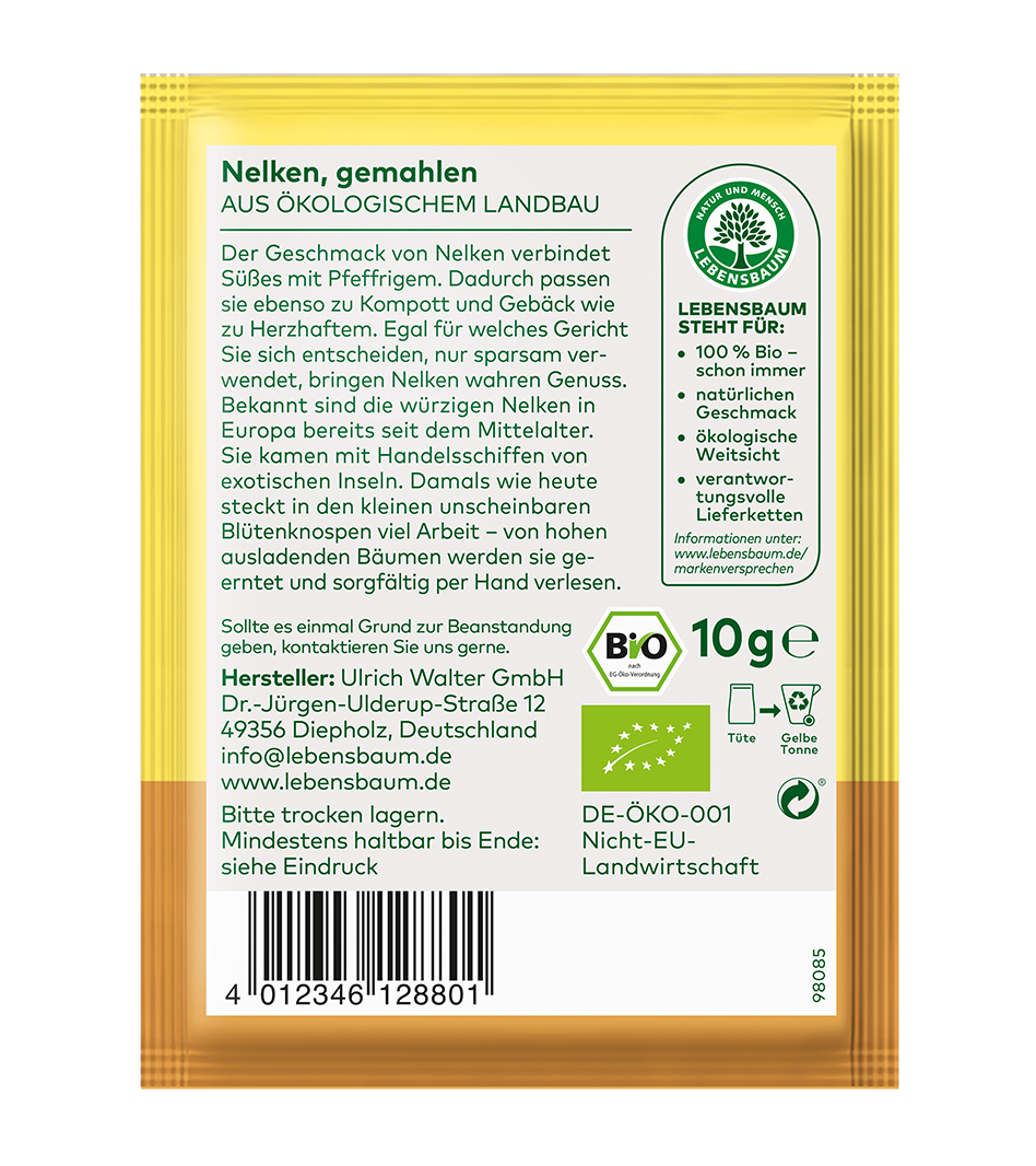 Bio Nelken gemahlen, 10g Packung von Lebensbaum, aus ökologischem Anbau mit gelbem Designelement und Bio-Zertifikat