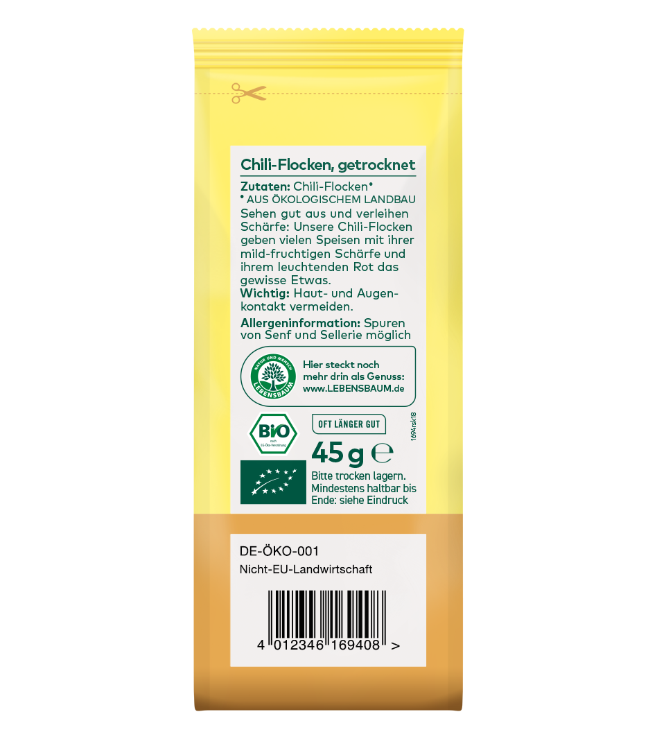 Bio Chili-Flocken getrocknet, 45g, gelbe Verpackung mit weißem Etikett und Bio-Zertifikat