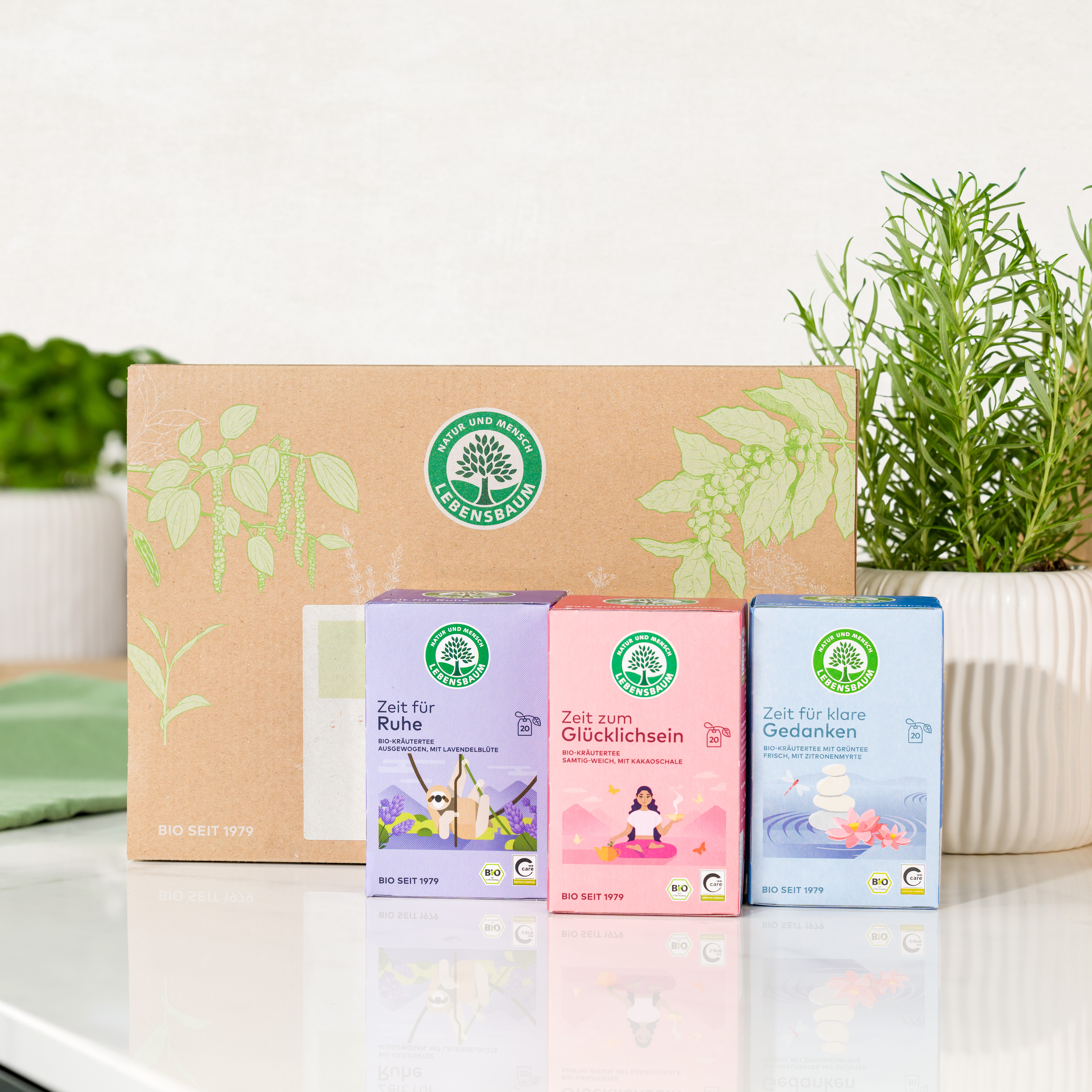 Bio Tee-Set Achtsamkeit mit Zeit für Ruhze, Zeit zum Glücklichsein und Zeit für klare Gedanken