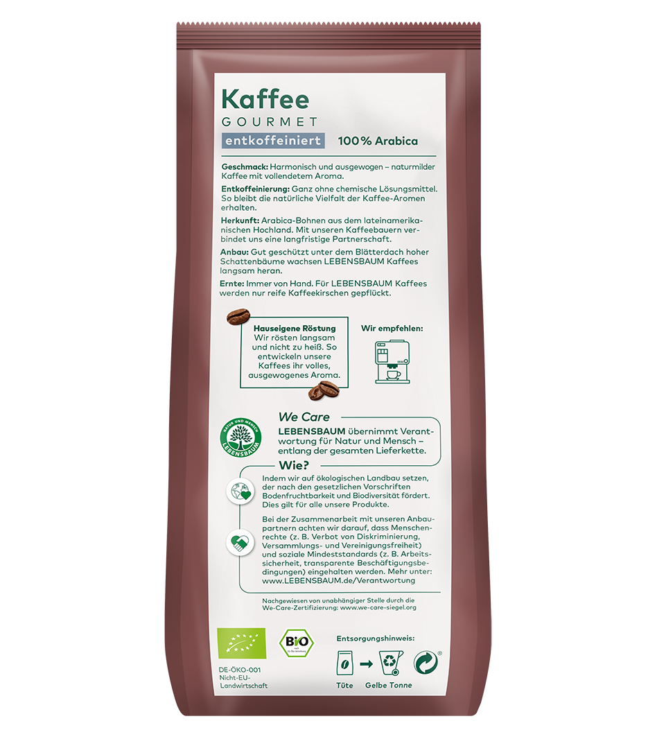 Kaffee Gourmet entkoffeiniert 100% Arabica von LEBENSBAUM in brauner 250g Packung mit Produktinformationen und Bio-Zertifikat.